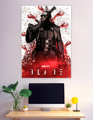 Marvel Studios Blade movie poster featuring the vampire hunter in black leather tactical gear holding a gun, surrounded by red vampire claws and blood splatter on a white background