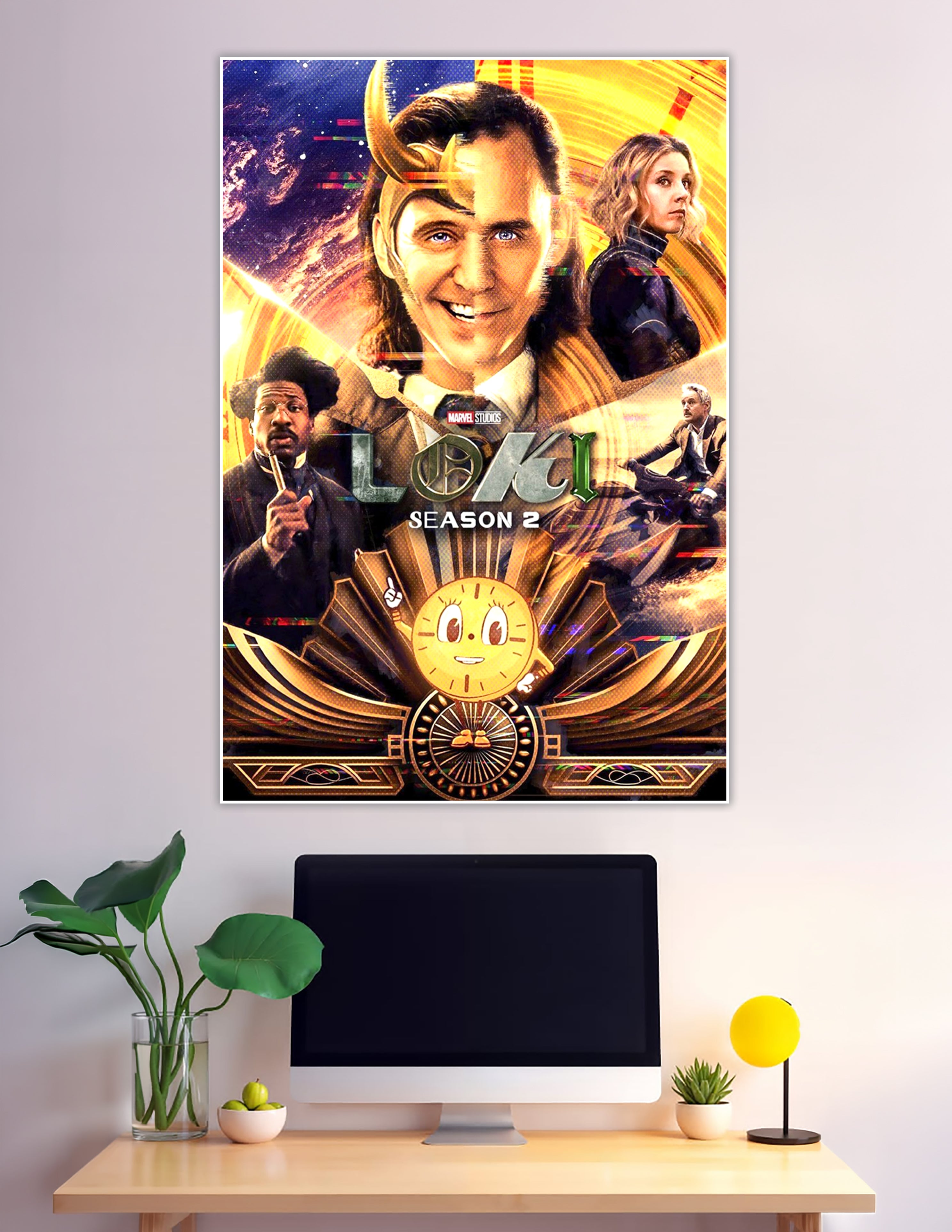 Loki Season 2 Marvel Studios poster featuring Loki in split horned helmet design surrounded by TVA cast and Miss Minutes on a golden cosmic background