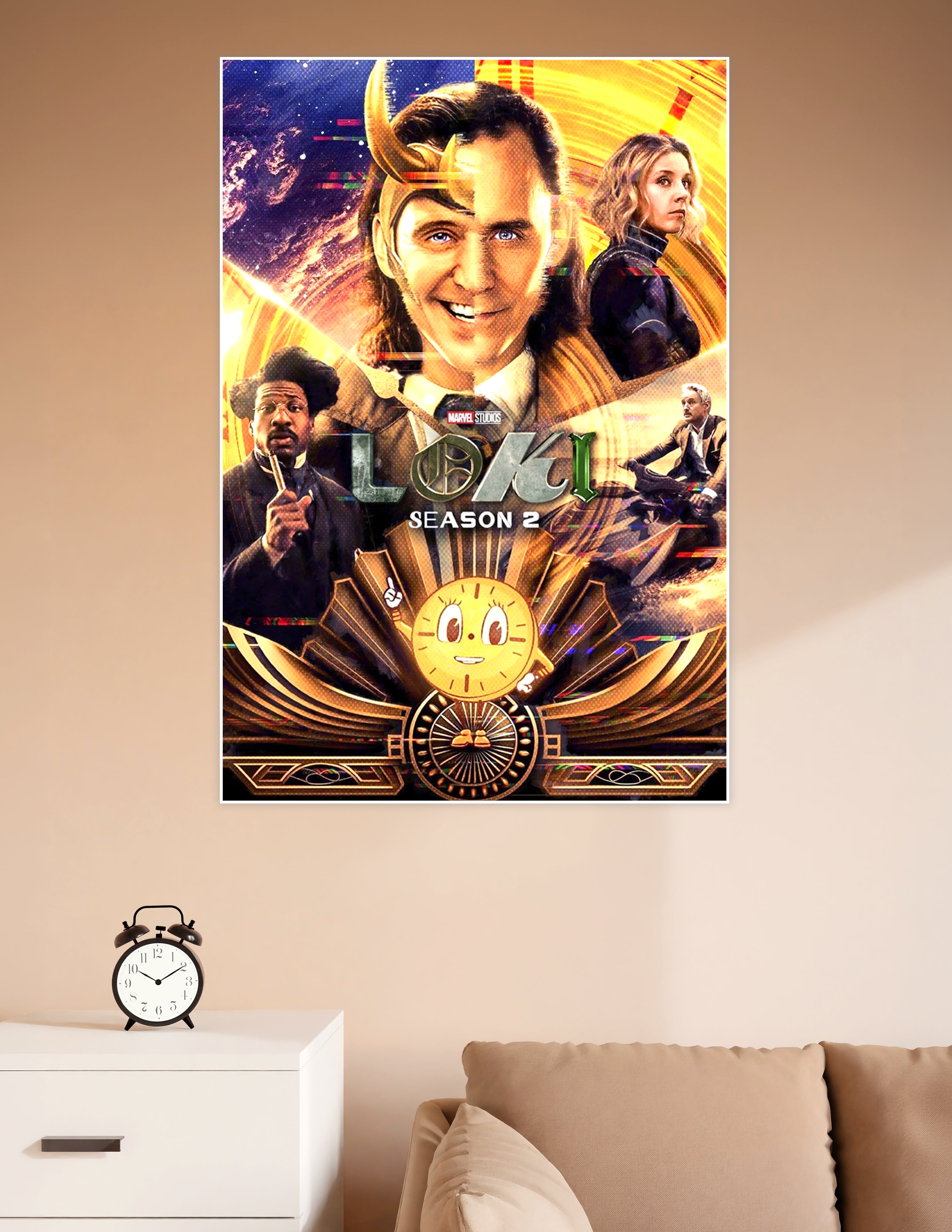 Loki Season 2 Marvel Studios poster featuring Loki in split horned helmet design surrounded by TVA cast and Miss Minutes on a golden cosmic background