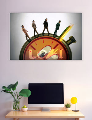 Loki Marvel series poster showing multiple Loki variants walking on a large glowing clock face with the word LOKI displayed prominently