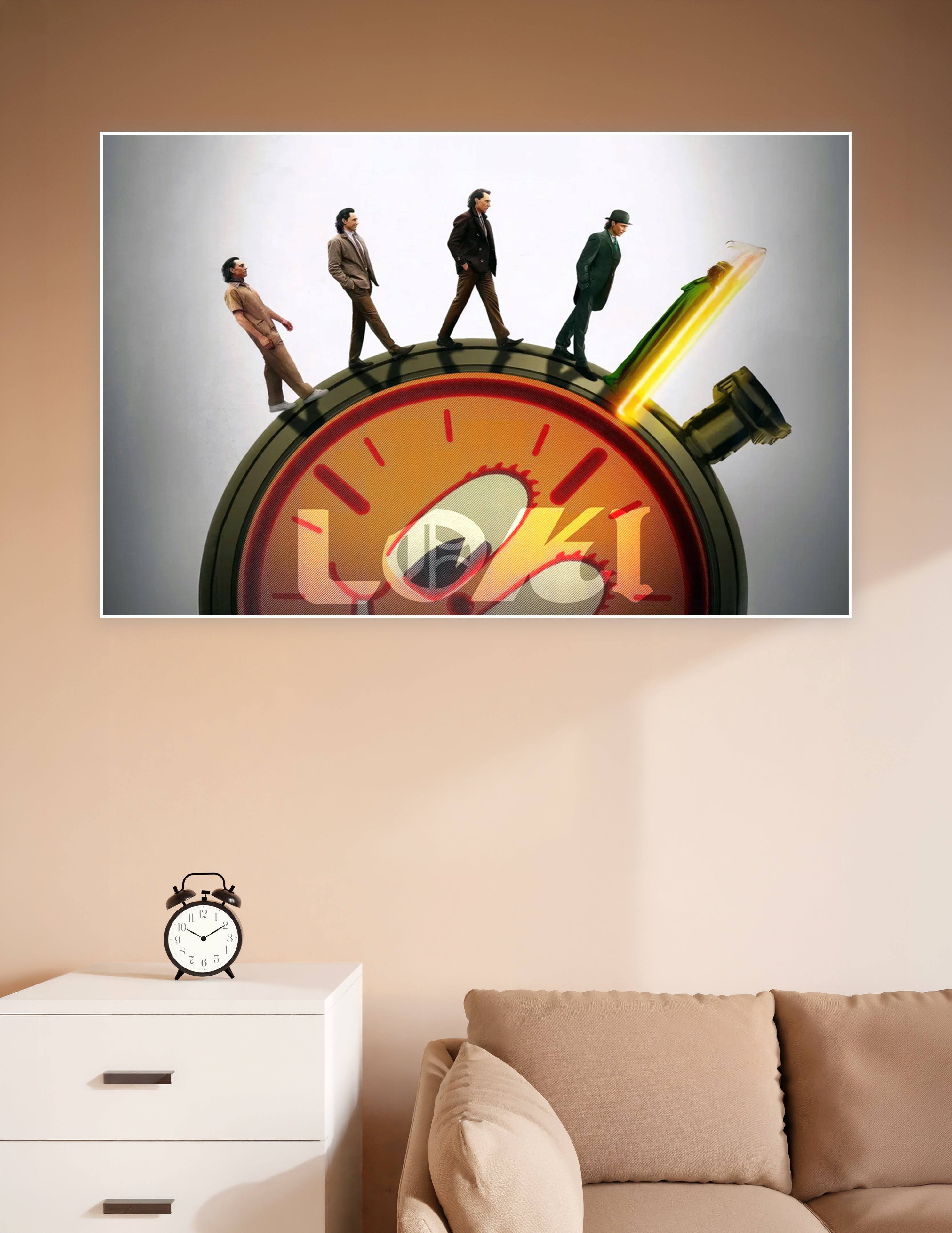 Loki Marvel series poster showing multiple Loki variants walking on a large glowing clock face with the word LOKI displayed prominently