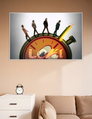 Loki Marvel series poster showing multiple Loki variants walking on a large glowing clock face with the word LOKI displayed prominently