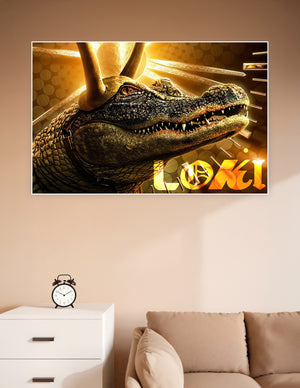 Alligator Loki wearing golden horns with dramatic golden background from the Marvel Loki Disney+ series poster