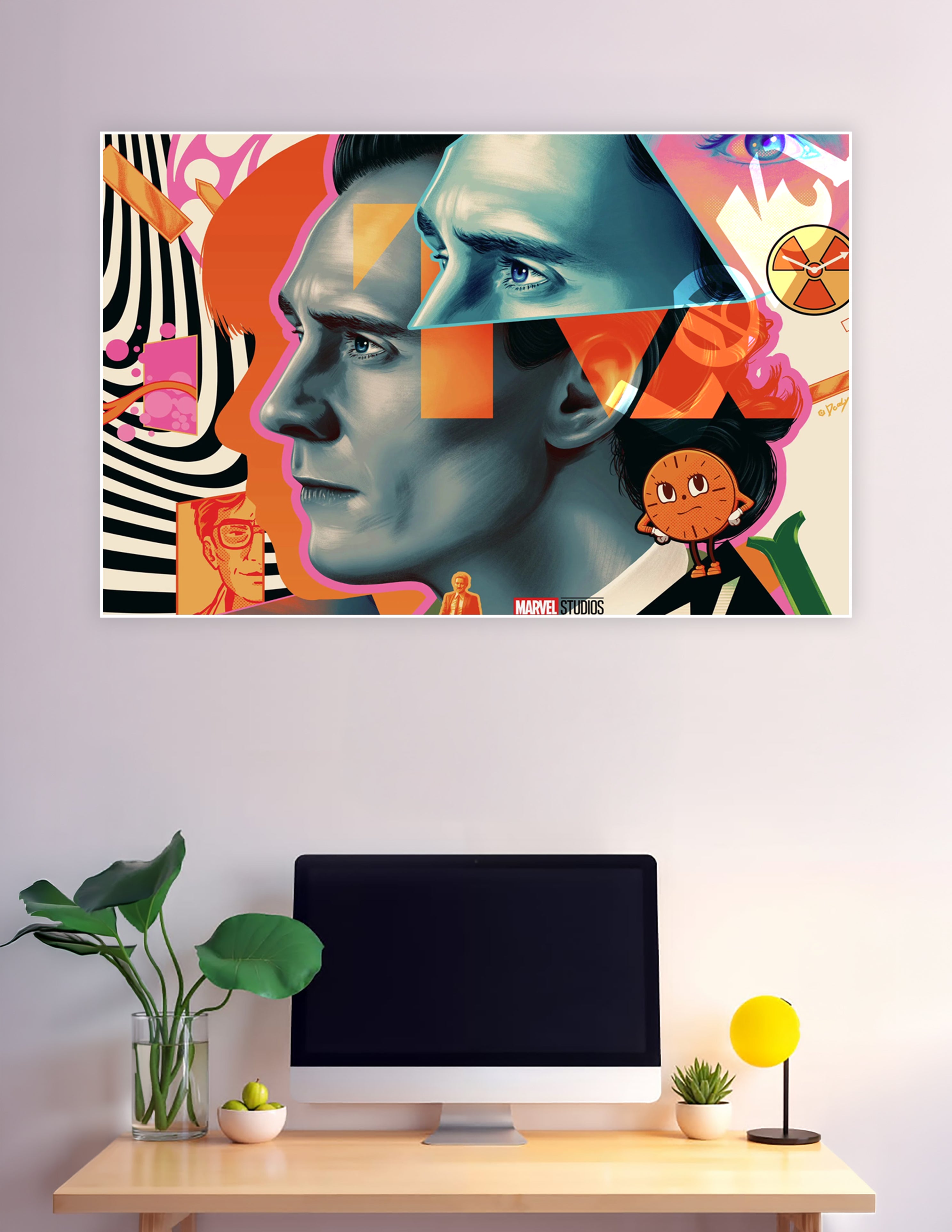Marvel Studios Loki retro pop art poster featuring photorealistic portrait of Loki with bold orange, pink, and teal geometric pop art design and TVA motifs