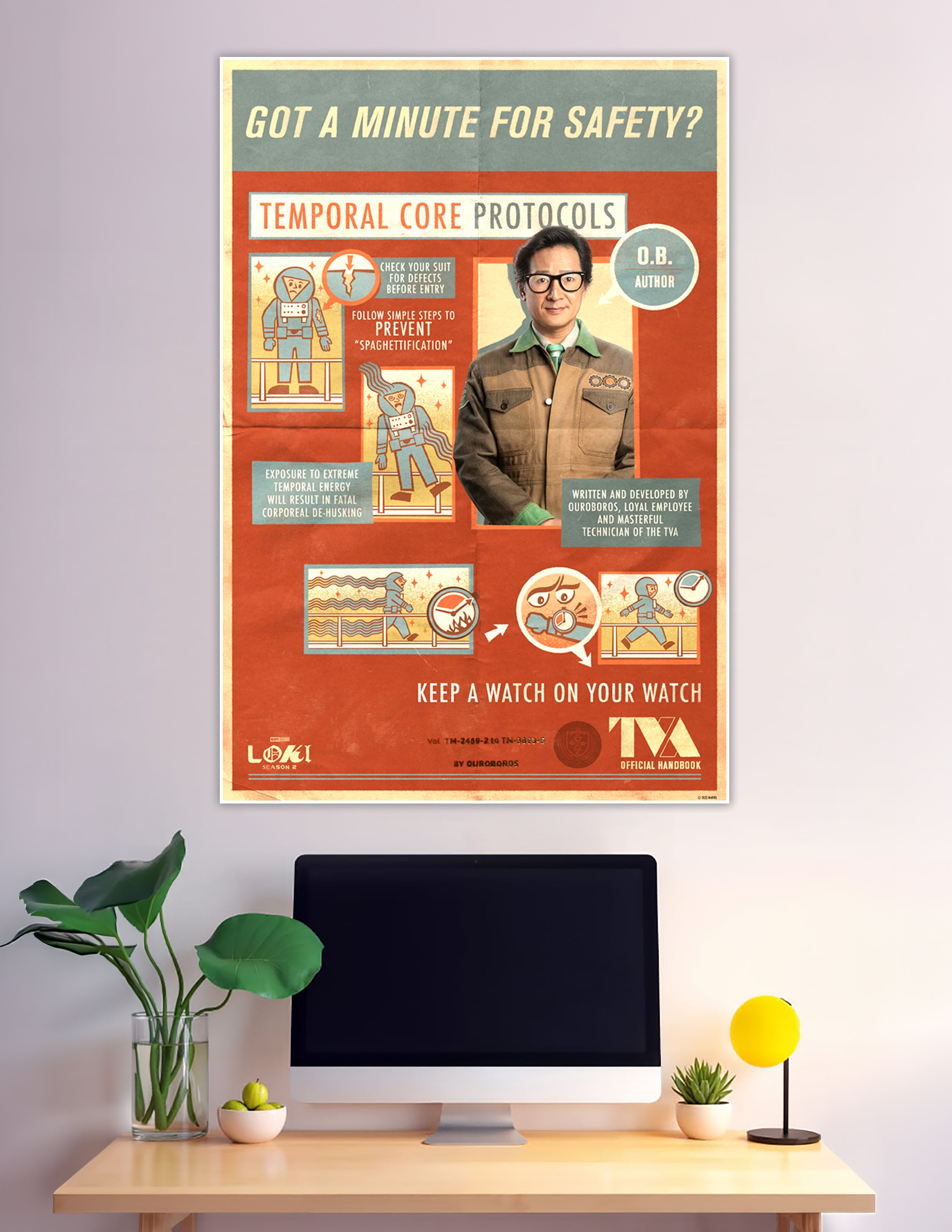 Loki Season 2 TVA Temporal Core Protocols retro safety poster featuring O.B. Ouroboros with vintage-style illustrations warning about spaghettification and temporal energy hazards