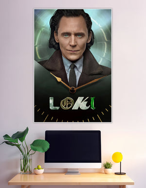 Loki Marvel Disney+ TV series poster featuring the God of Mischief with green eyes, dark coat, clock hands motif, and bold LOKI title in green and gold lettering