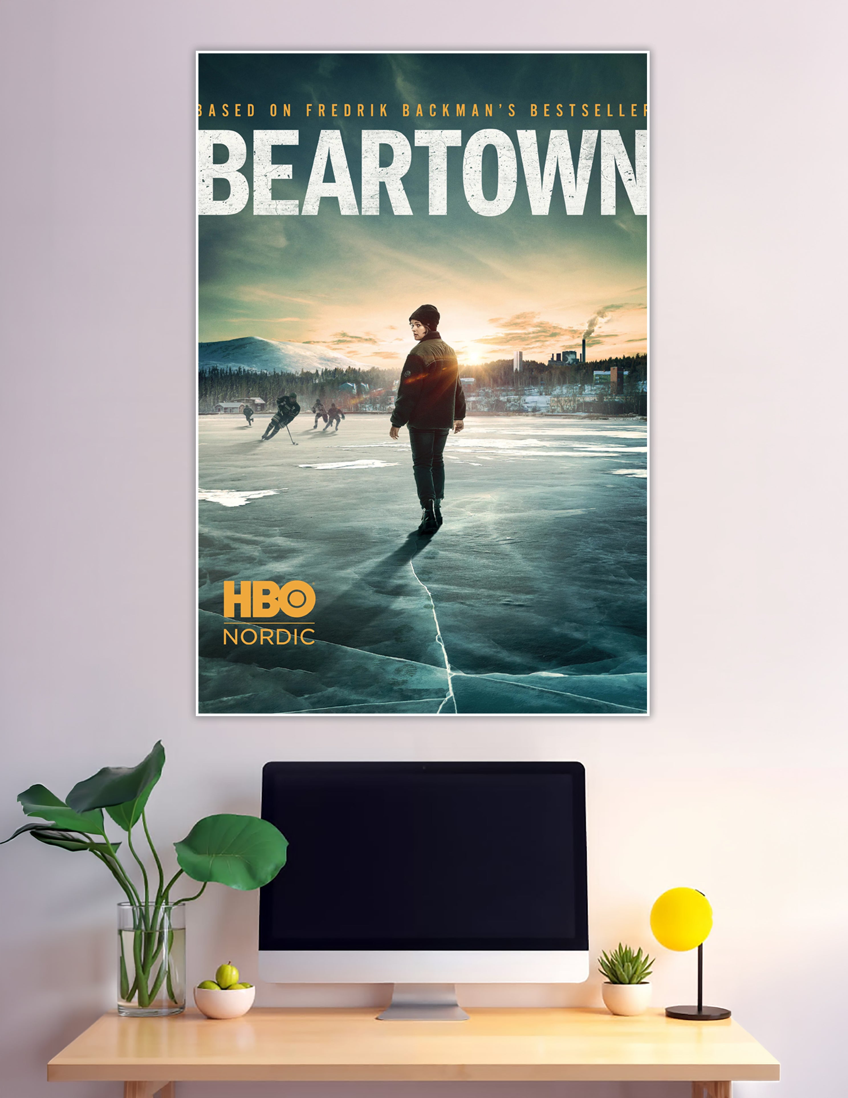 Beartown HBO Nordic poster with frozen lake and hockey players