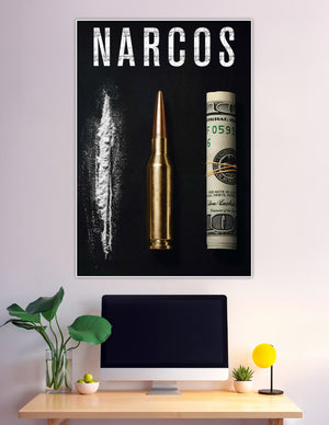 Narcos poster with bullet money and powder on black