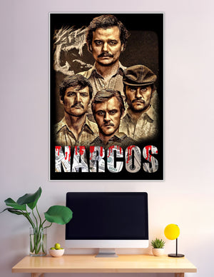 Narcos Netflix TV series poster featuring a sepia-toned cast collage with bold red and dollar bill typography on a dark background