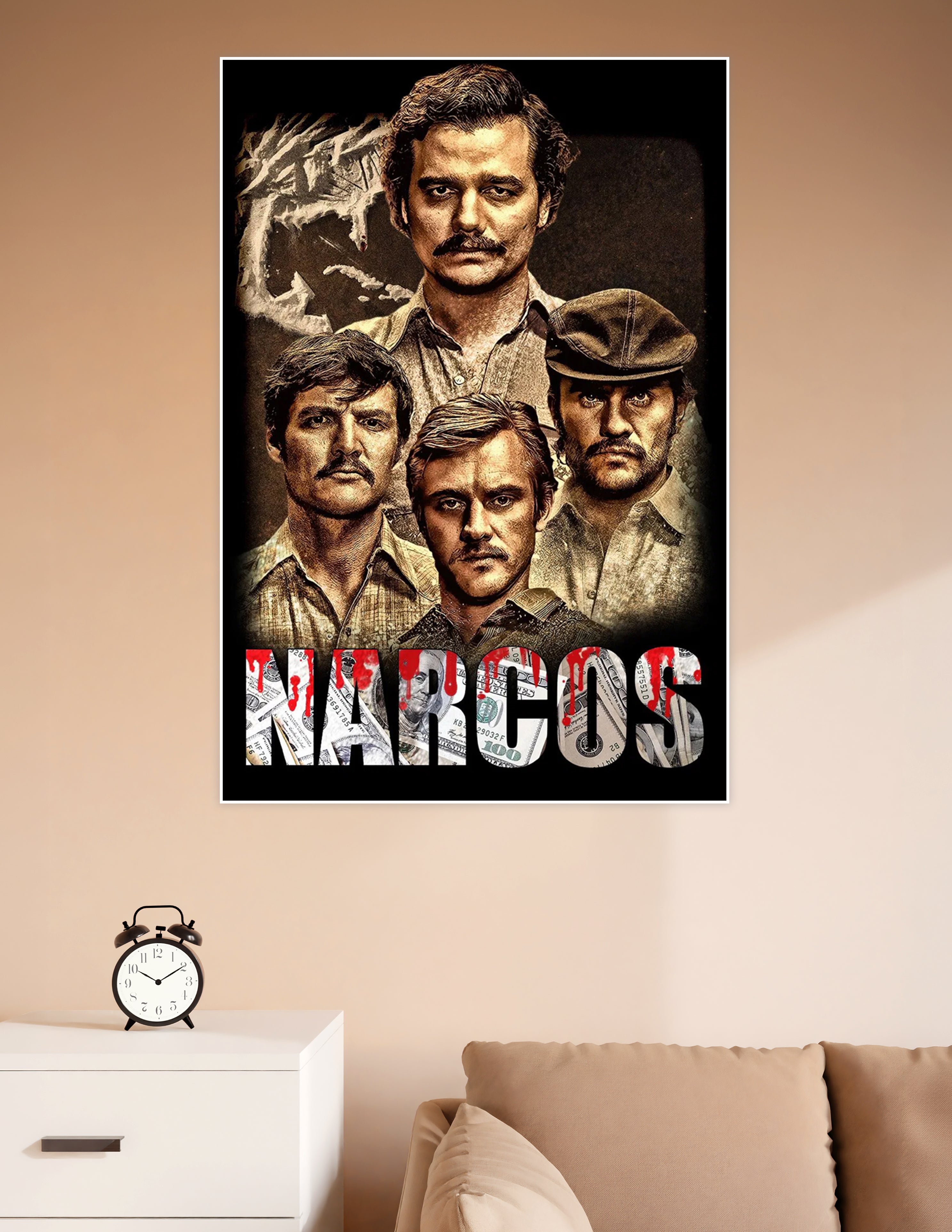 Narcos Netflix TV series poster featuring a sepia-toned cast collage with bold red and dollar bill typography on a dark background