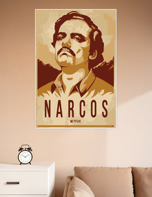 Narcos Netflix vintage sepia propaganda-style poster featuring a dramatic portrait with mountain backdrop and bold title text