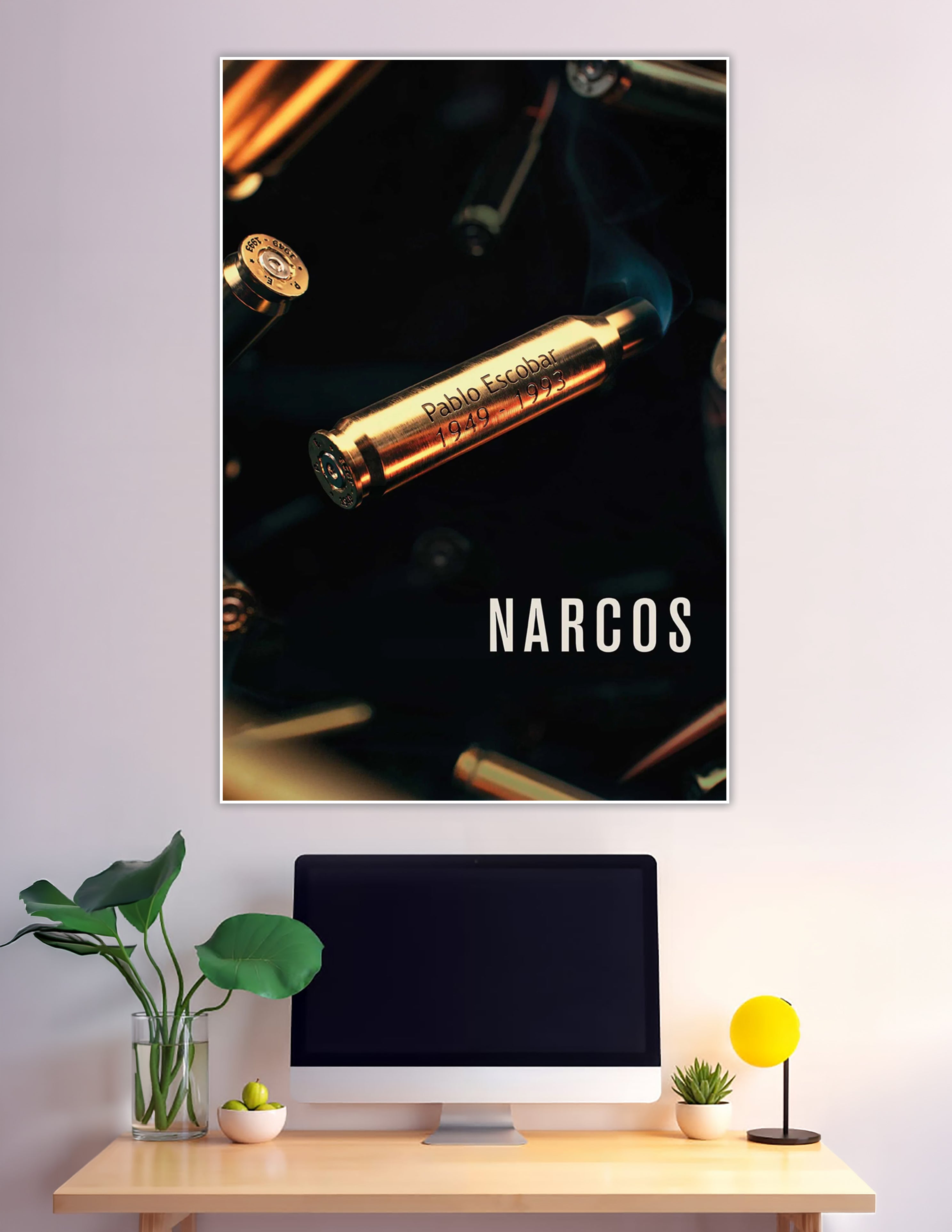 Narcos poster with engraved Pablo Escobar bullet casing