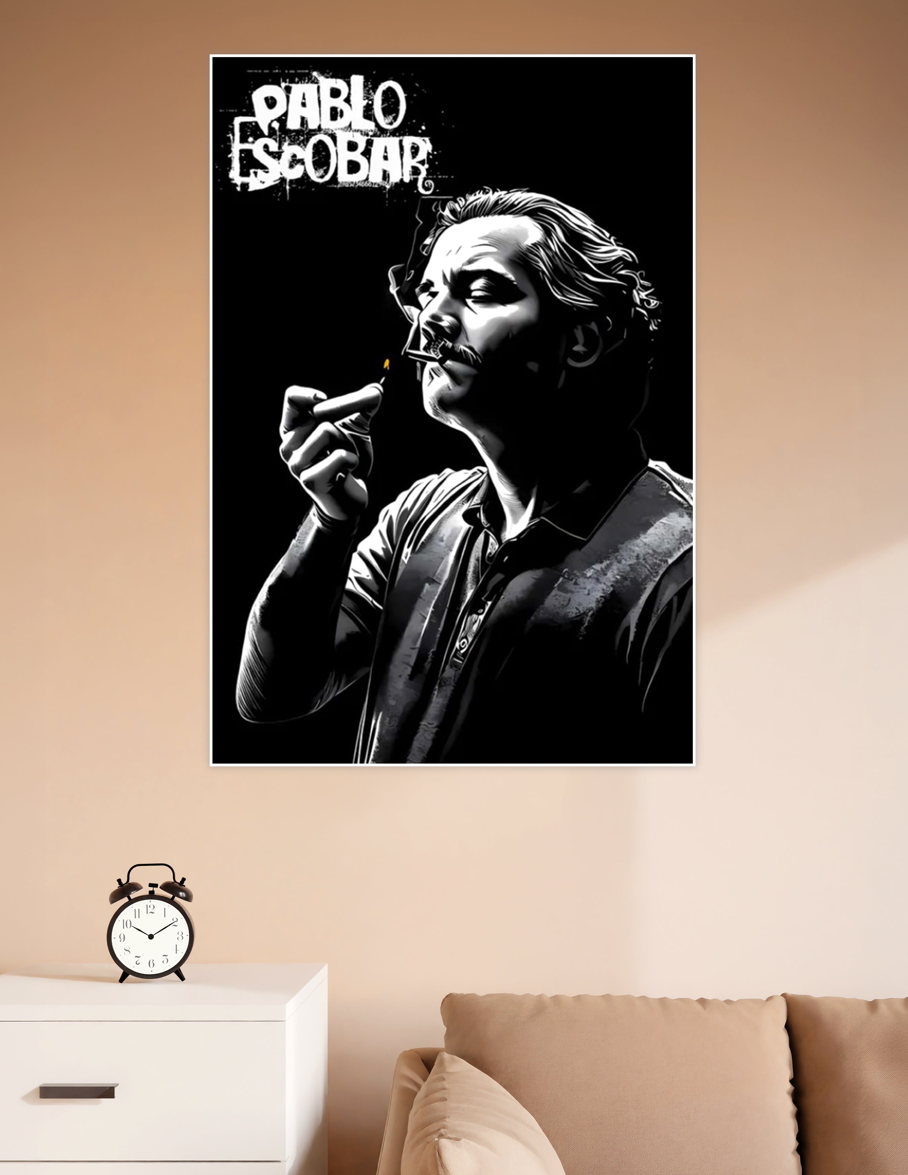 Black and white graphic illustration poster of Pablo Escobar smoking, with bold comic-style linework and his name in graffiti lettering on a dark background