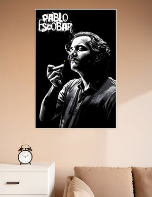 Black and white graphic illustration poster of Pablo Escobar smoking, with bold comic-style linework and his name in graffiti lettering on a dark background