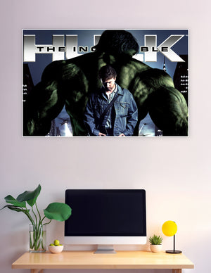 The Incredible Hulk movie poster showing the giant green Hulk towering over Bruce Banner against a dark city skyline with helicopters in the background