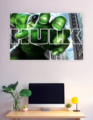 The Incredible Hulk extending a massive green fist toward the viewer with bold HULK title text and city skyline background