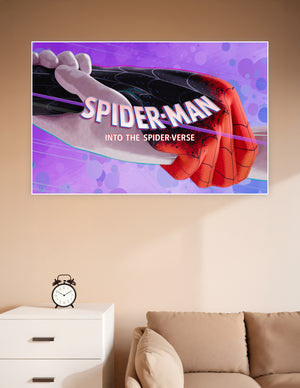 Spider-Man Into the Spider-Verse poster showing Miles Morales and Peter Parker fist bump in red and black spider suits against a vibrant purple halftone background