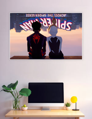 Animated poster of Miles Morales and Spider-Gwen sitting back-to-back on a rooftop with Spider-Man Across the Spider-Verse title text and glowing city skyline in background