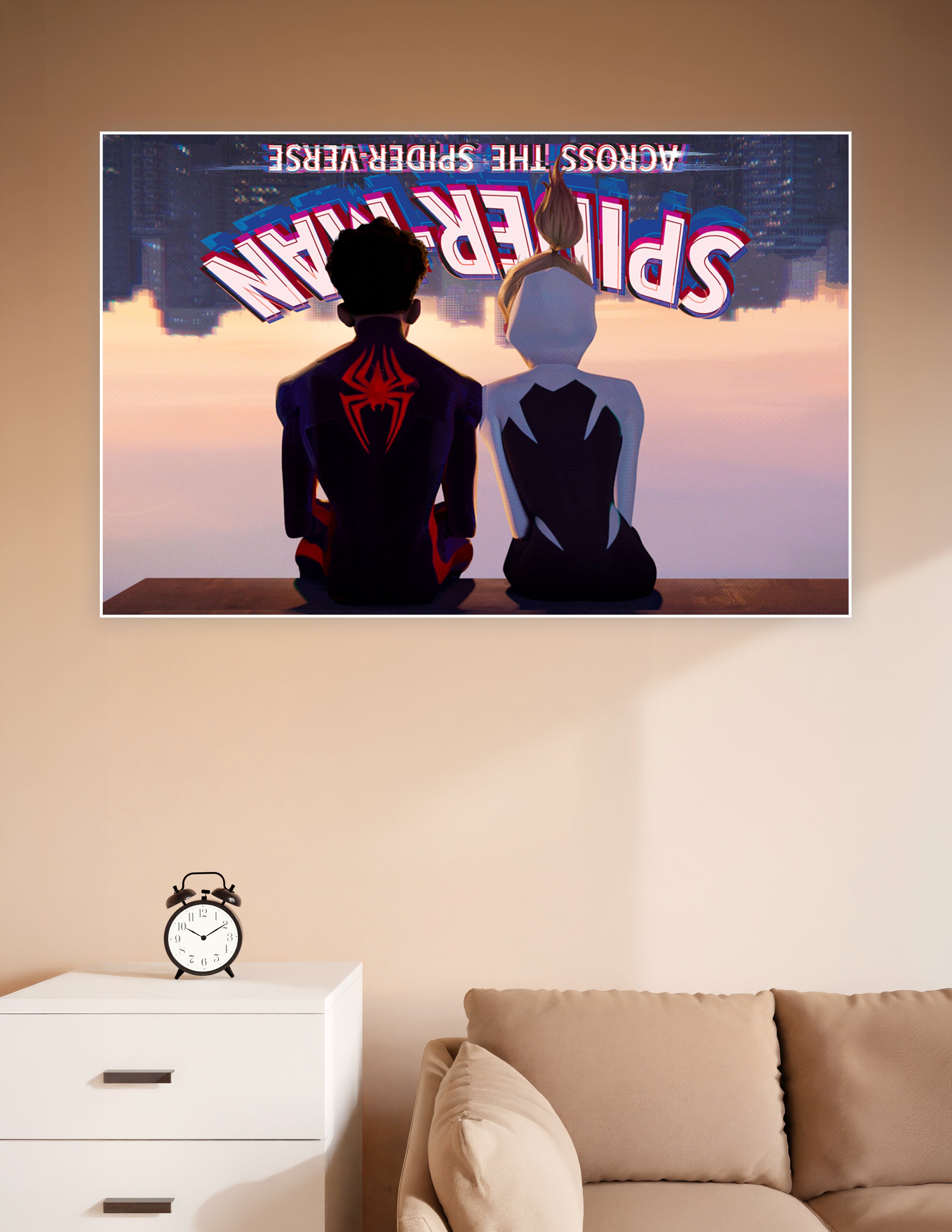 Animated poster of Miles Morales and Spider-Gwen sitting back-to-back on a rooftop with Spider-Man Across the Spider-Verse title text and glowing city skyline in background
