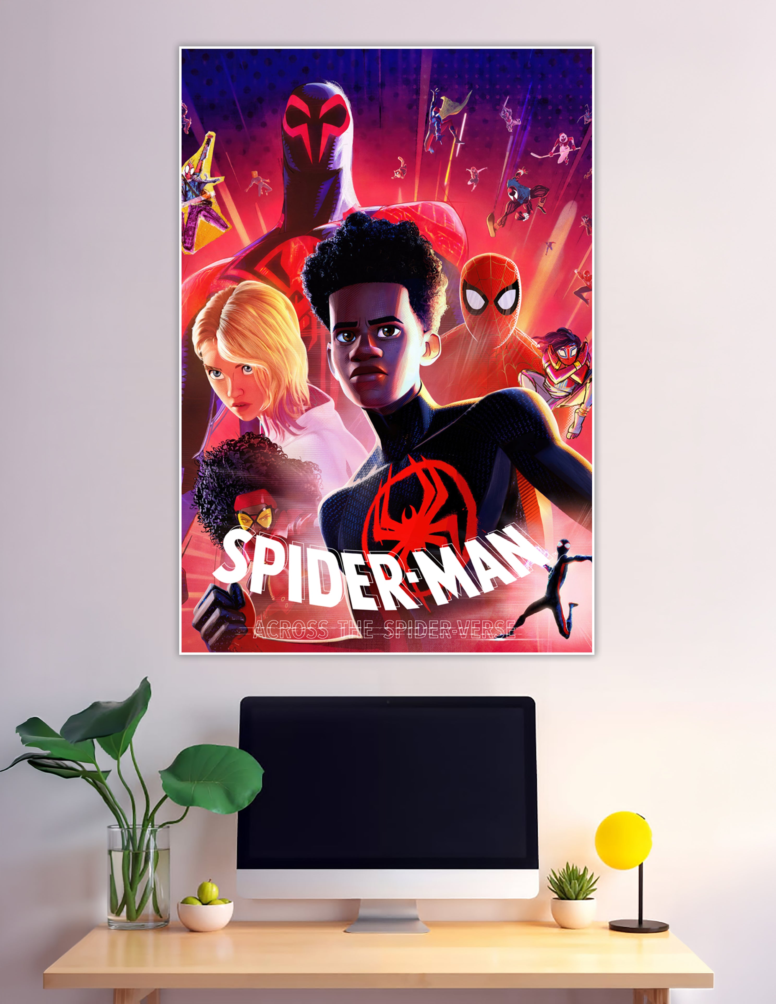 Spider-Man Across the Spider-Verse movie poster featuring Miles Morales in his black and red suit surrounded by Gwen Stacy, Spider-Man 2099, and multiple Spider-heroes against a vivid red and purple background