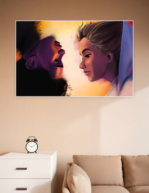 Digital art poster of a heroic figure facing a shadowy villain in a dramatic golden and violet light confrontation scene