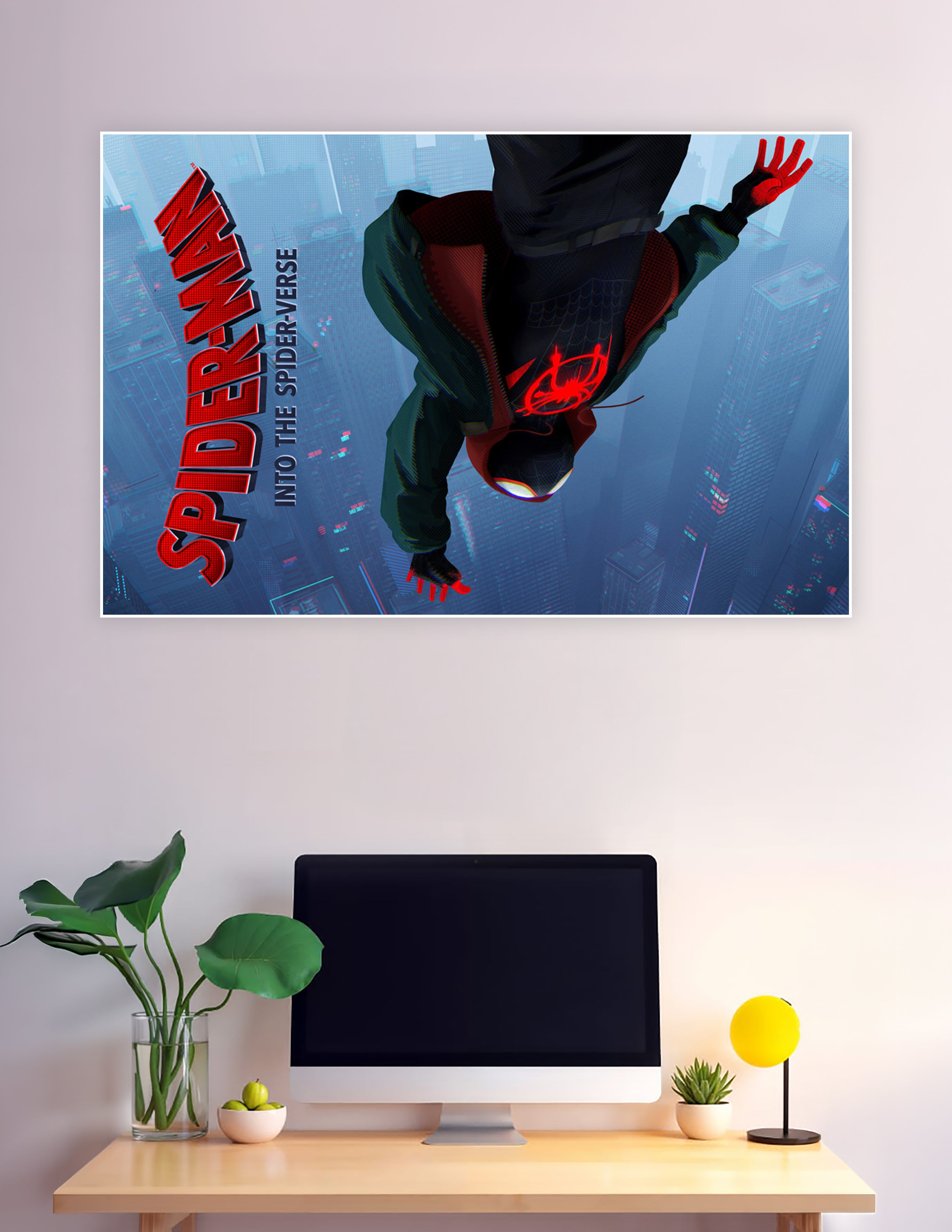 Miles Morales Spider-Man free-falling over neon city skyline