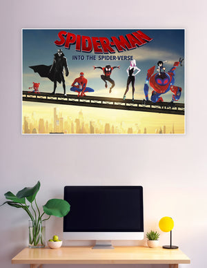 Spider-Man Into the Spider-Verse animated movie poster featuring Miles Morales, Spider-Gwen, Spider-Man Noir, Peni Parker, SP//dr, and Peter B. Parker standing on a bridge above the New York City skyline