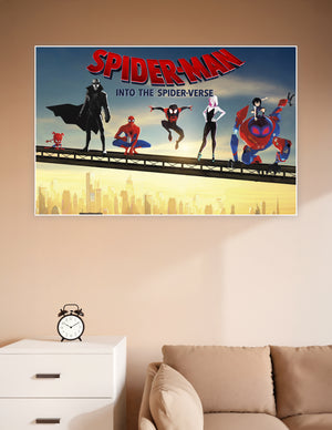 Spider-Man Into the Spider-Verse animated movie poster featuring Miles Morales, Spider-Gwen, Spider-Man Noir, Peni Parker, SP//dr, and Peter B. Parker standing on a bridge above the New York City skyline