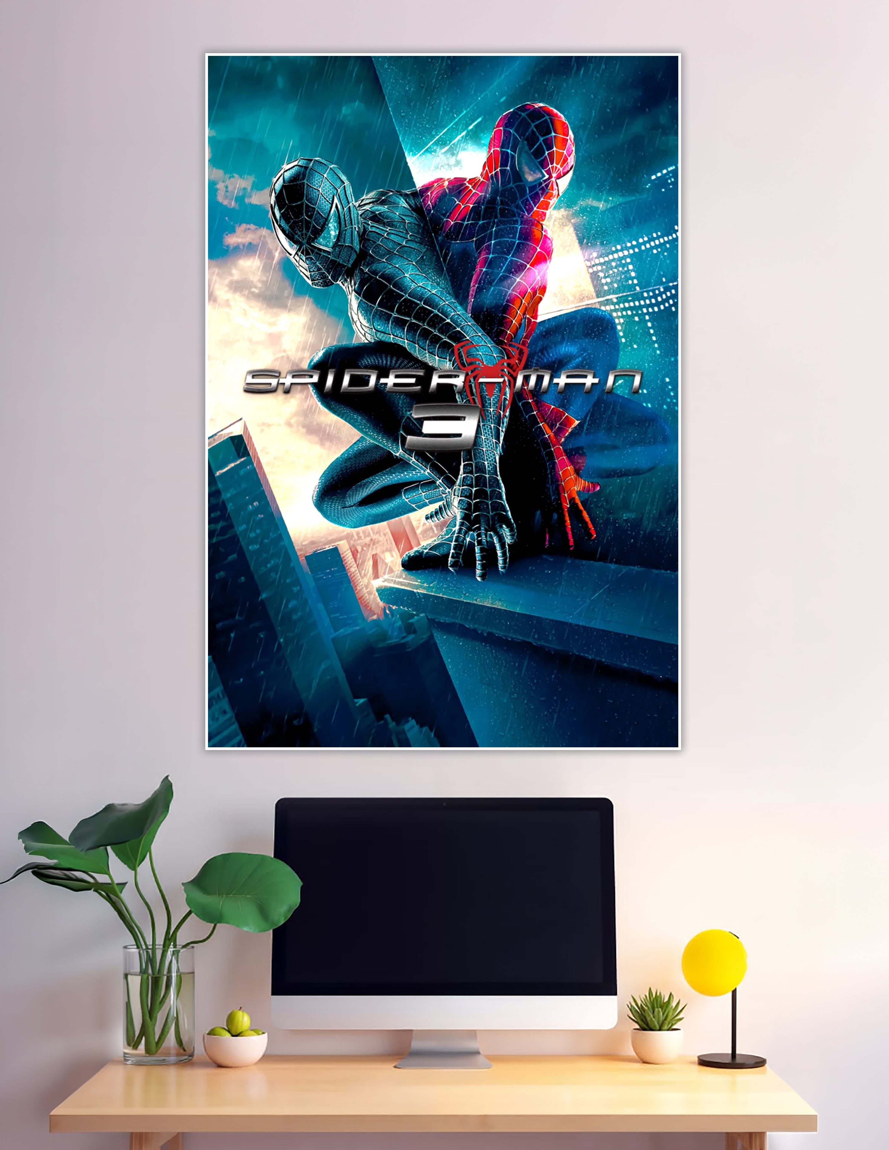Spider-Man 3 black and red suit rainy city poster