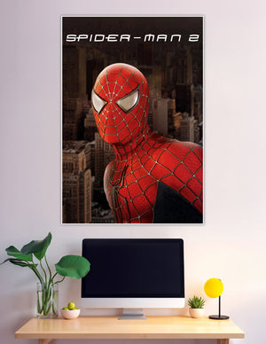 Spider-Man 2 official movie poster featuring a close-up of Spider-Man in his red and blue web-patterned suit with New York City skyline in the background