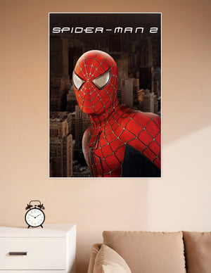 Spider-Man 2 official movie poster featuring a close-up of Spider-Man in his red and blue web-patterned suit with New York City skyline in the background