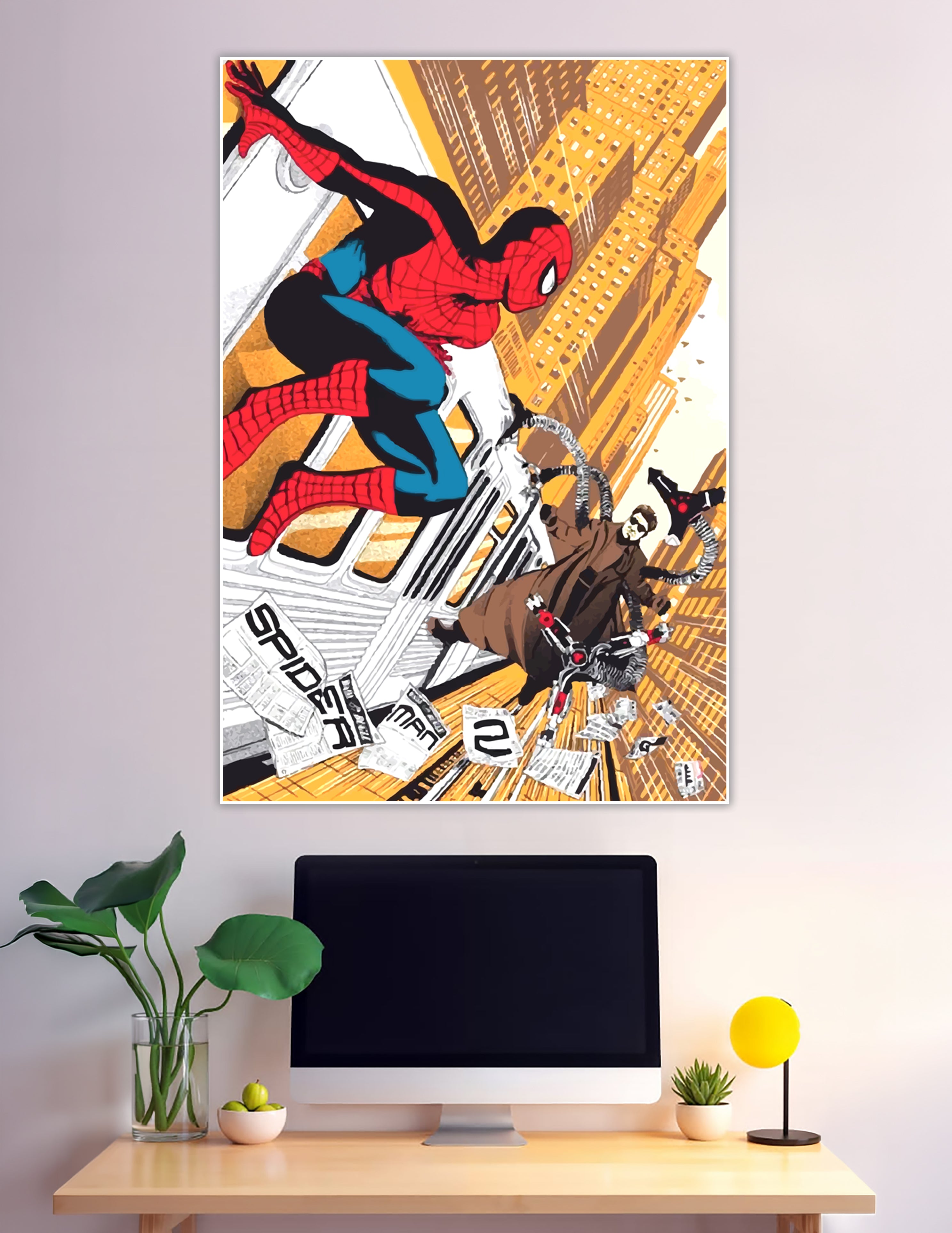 Spider-Man leaping across a golden New York City skyline facing Doctor Octopus in a bold comic-art style poster labeled Spider-Man 2