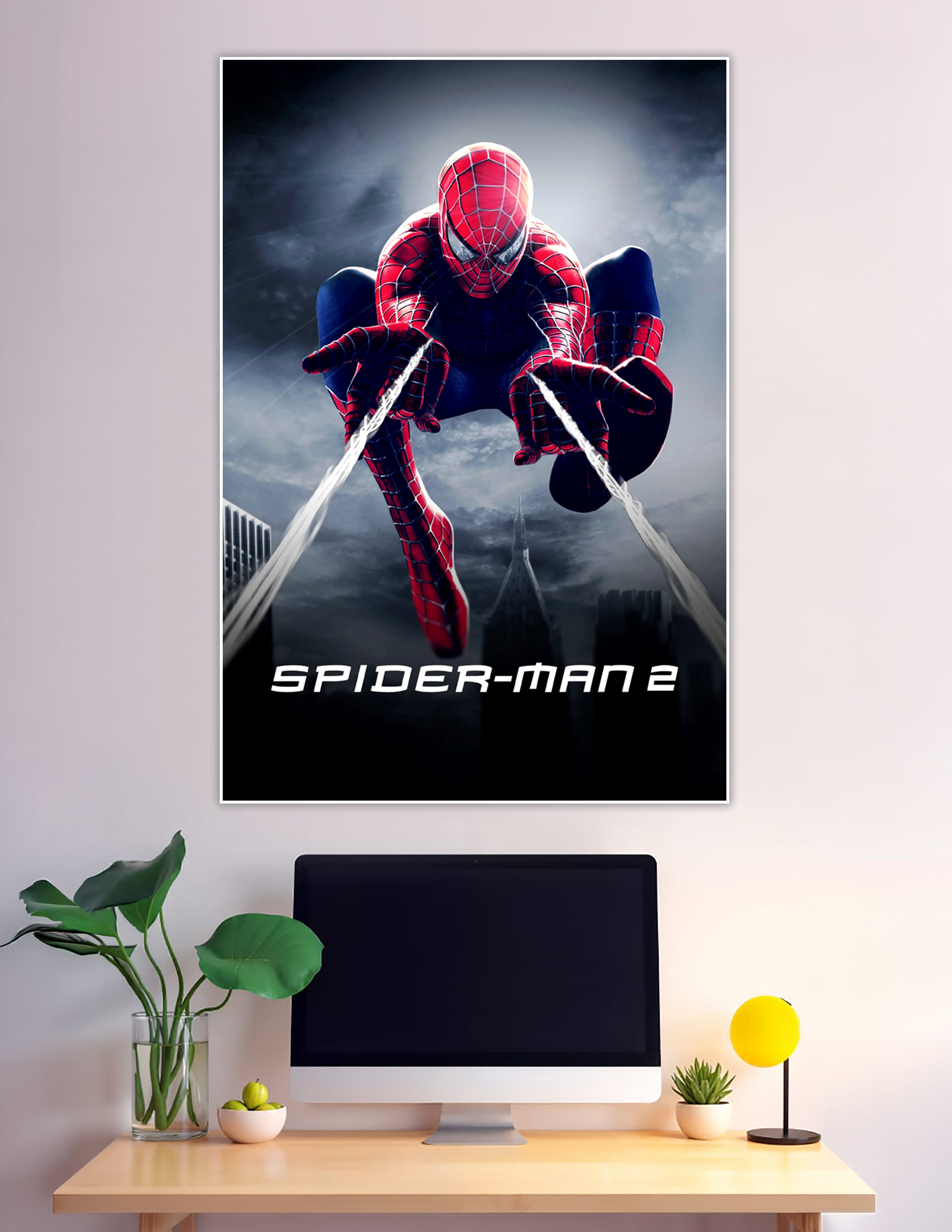 Spider-Man 2 official movie poster showing Spider-Man web-slinging toward the viewer against a dramatic stormy New York City skyline