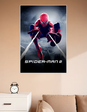 Spider-Man 2 official movie poster showing Spider-Man web-slinging toward the viewer against a dramatic stormy New York City skyline