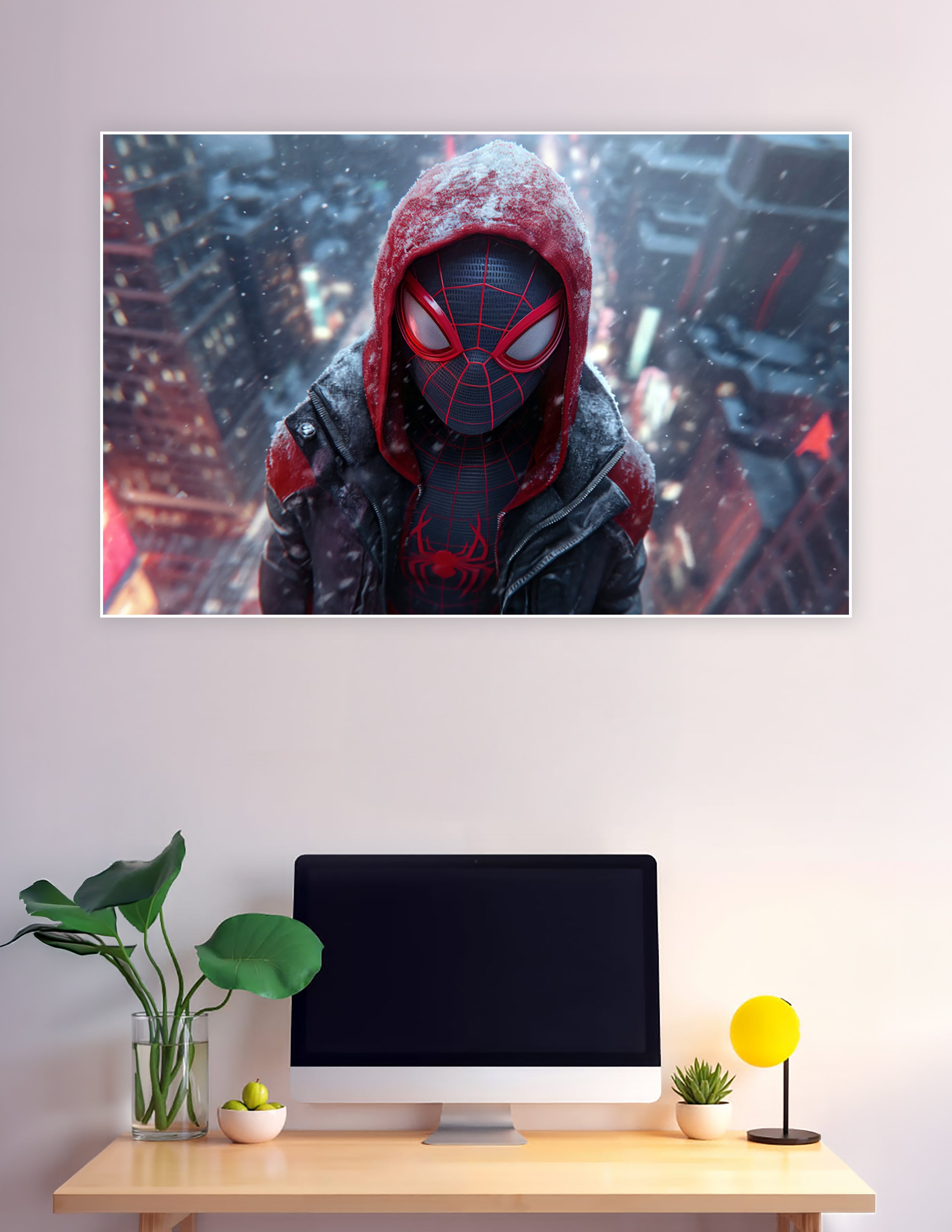 Miles Morales Spider-Man in black and red suit with red hoodie covered in snow, standing above a glowing neon city skyline at night