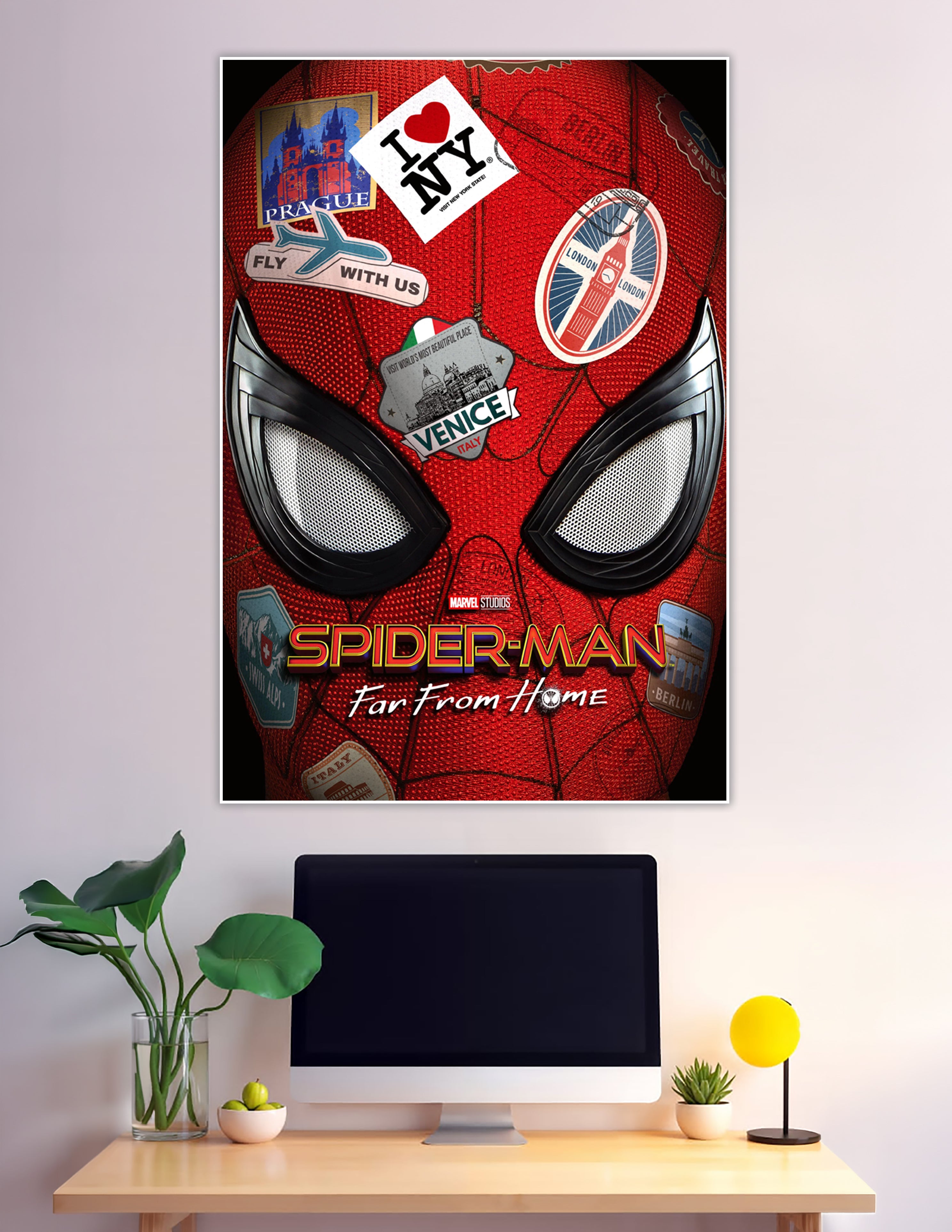 Spider-Man Far From Home movie poster featuring a close-up of Spider-Man's red mask covered in travel stickers from New York, London, Venice, Prague, and Berlin
