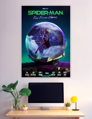 Spider-Man Far From Home Marvel Studios movie poster featuring Spider-Man inside Mysterio's glowing fishbowl helmet with a cityscape globe on a teal background