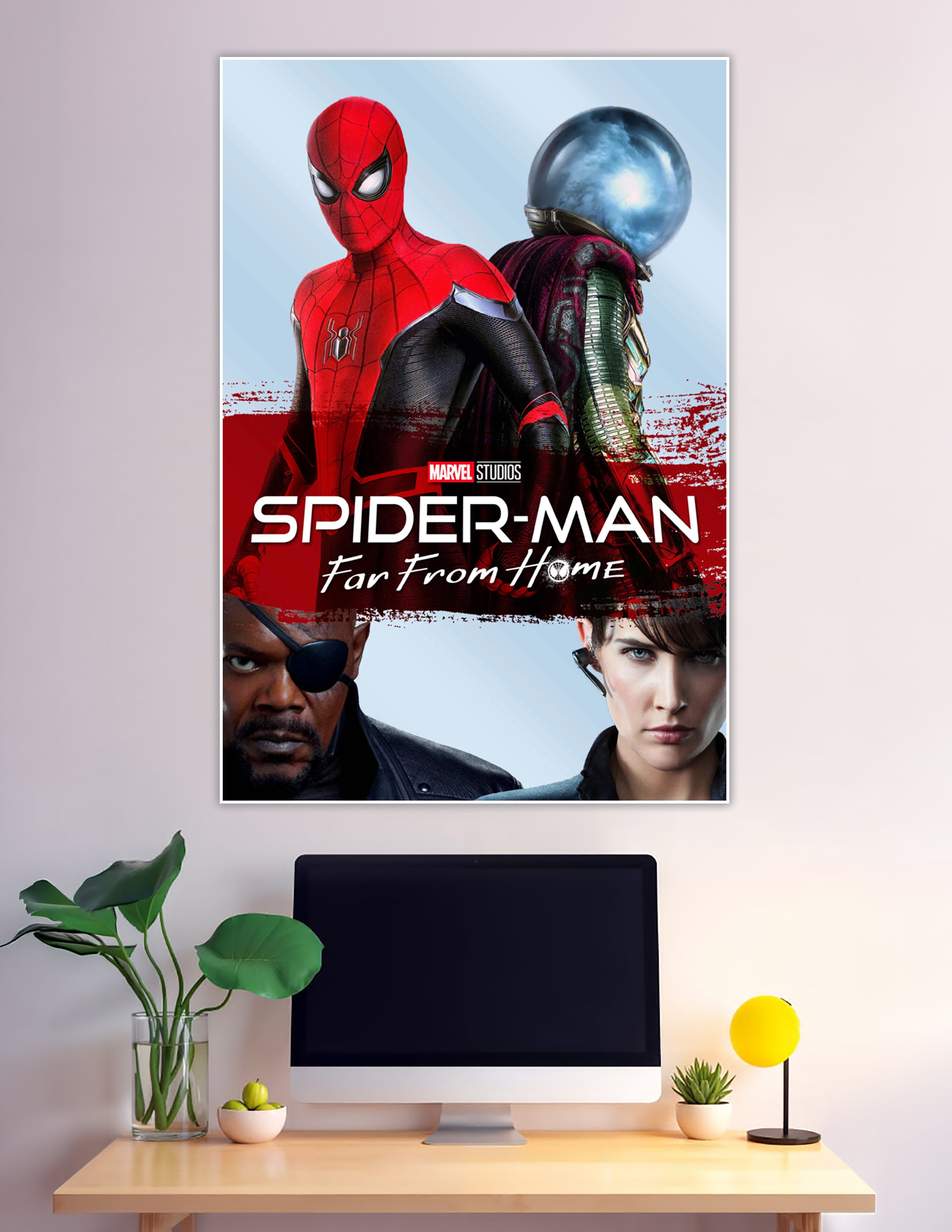 Spider-Man Far From Home Marvel Studios movie poster featuring Spider-Man in red suit, Mysterio, Nick Fury with eye patch, and Maria Hill on a bold red and blue background