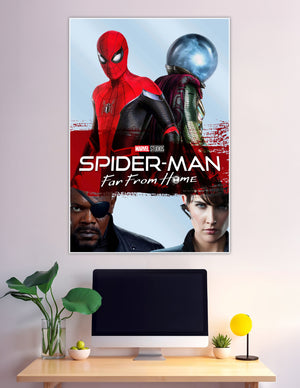 Spider-Man Far From Home Marvel Studios movie poster featuring Spider-Man in red suit, Mysterio, Nick Fury with eye patch, and Maria Hill on a bold red and blue background