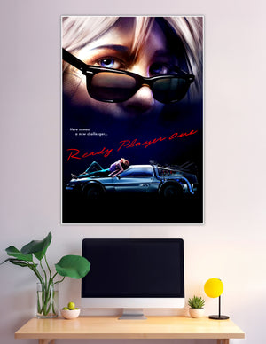 Ready Player One retro poster with DeLorean and sunglasses