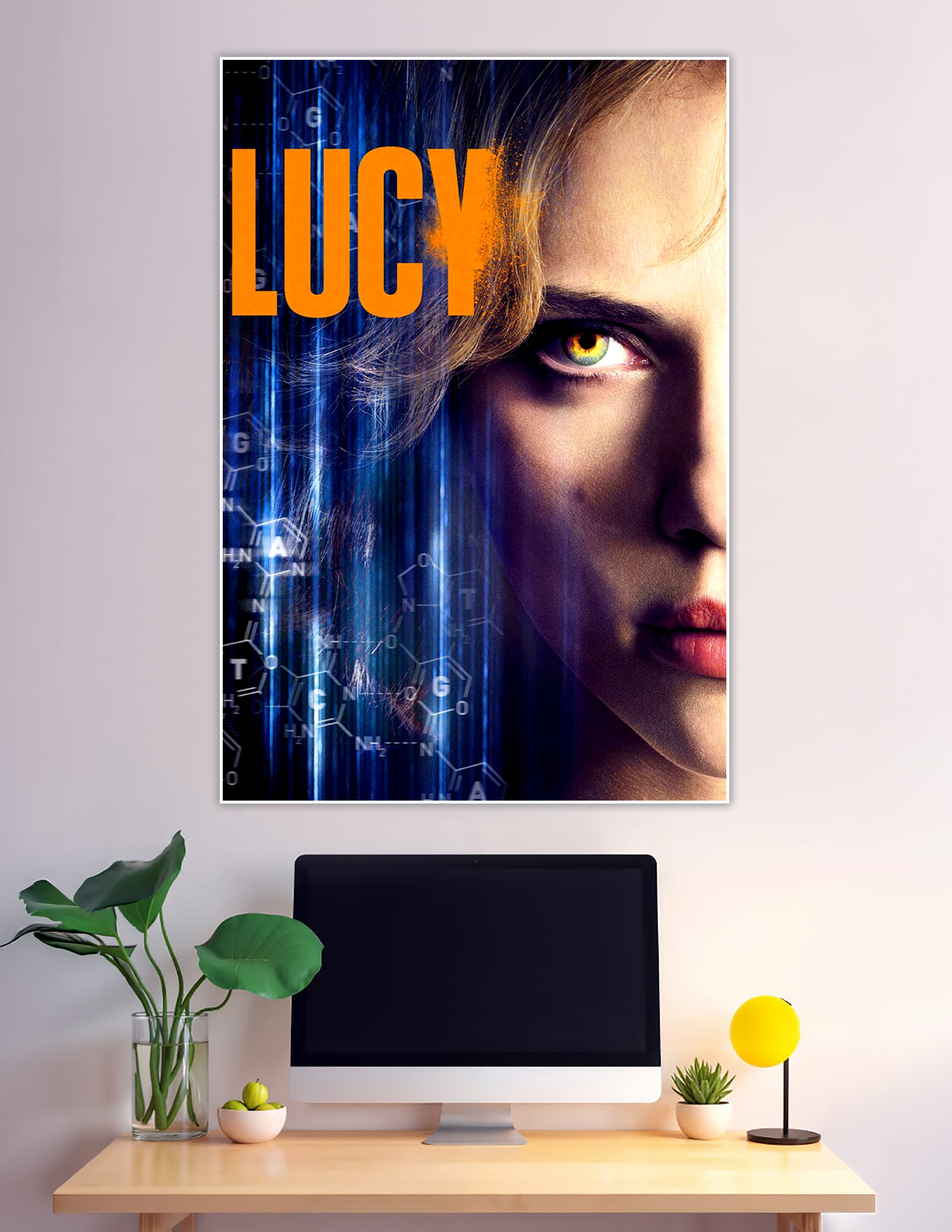 Lucy sci-fi movie poster with glowing eye and DNA background