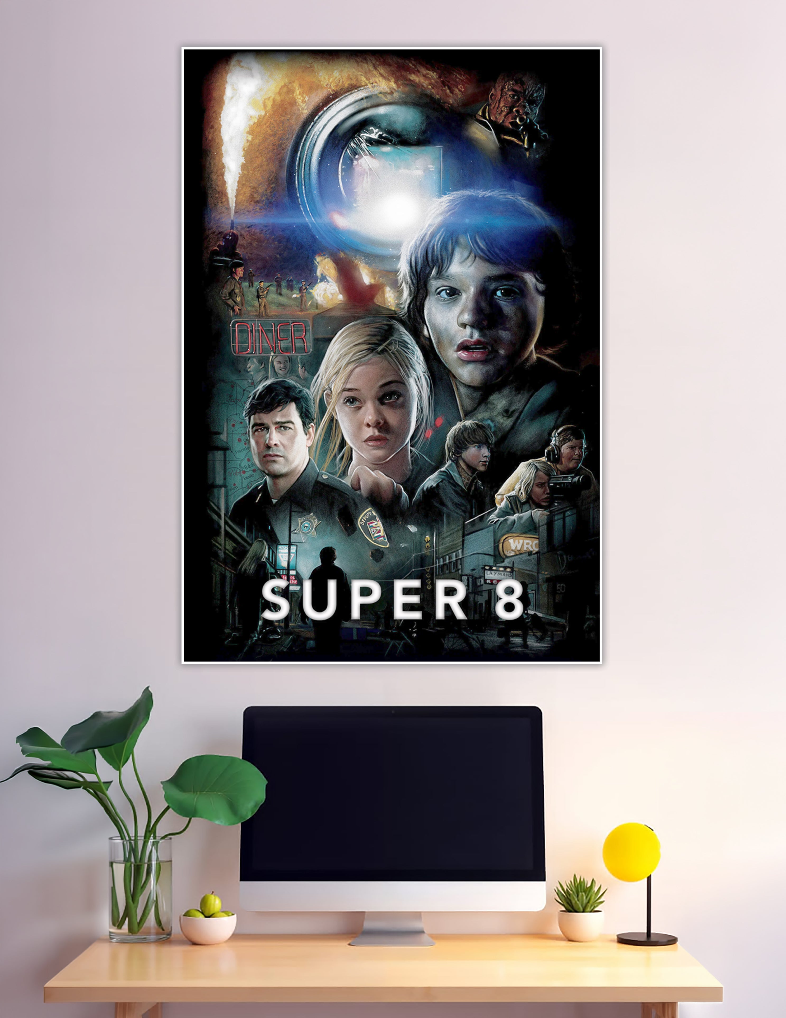 Super 8 illustrated movie poster with cast and alien