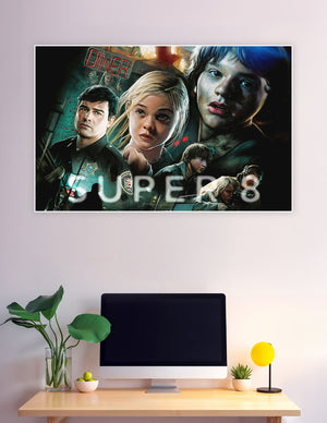 Super 8 illustrated movie poster with dramatic character portraits