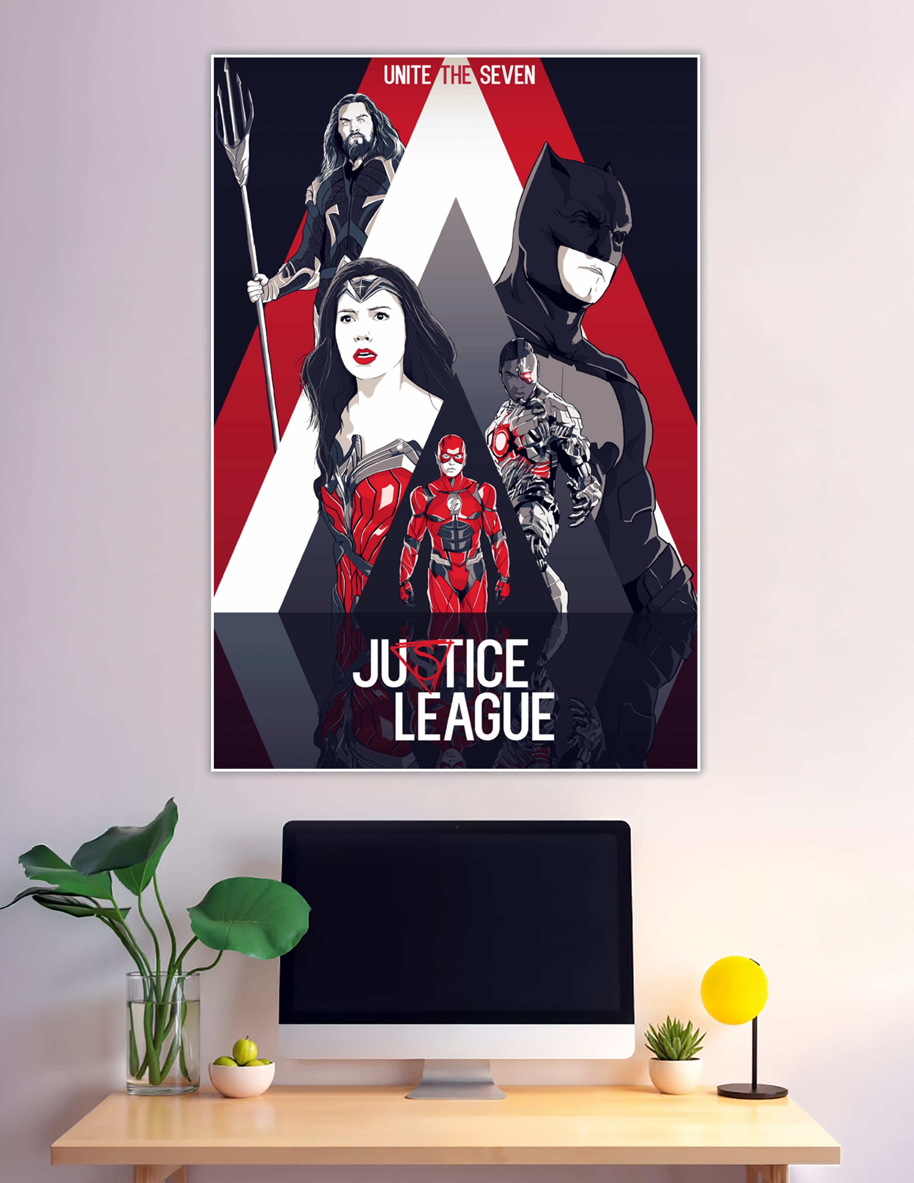 Justice League Unite the Seven illustrated poster red black