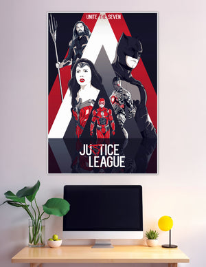 Justice League Unite the Seven illustrated poster red black