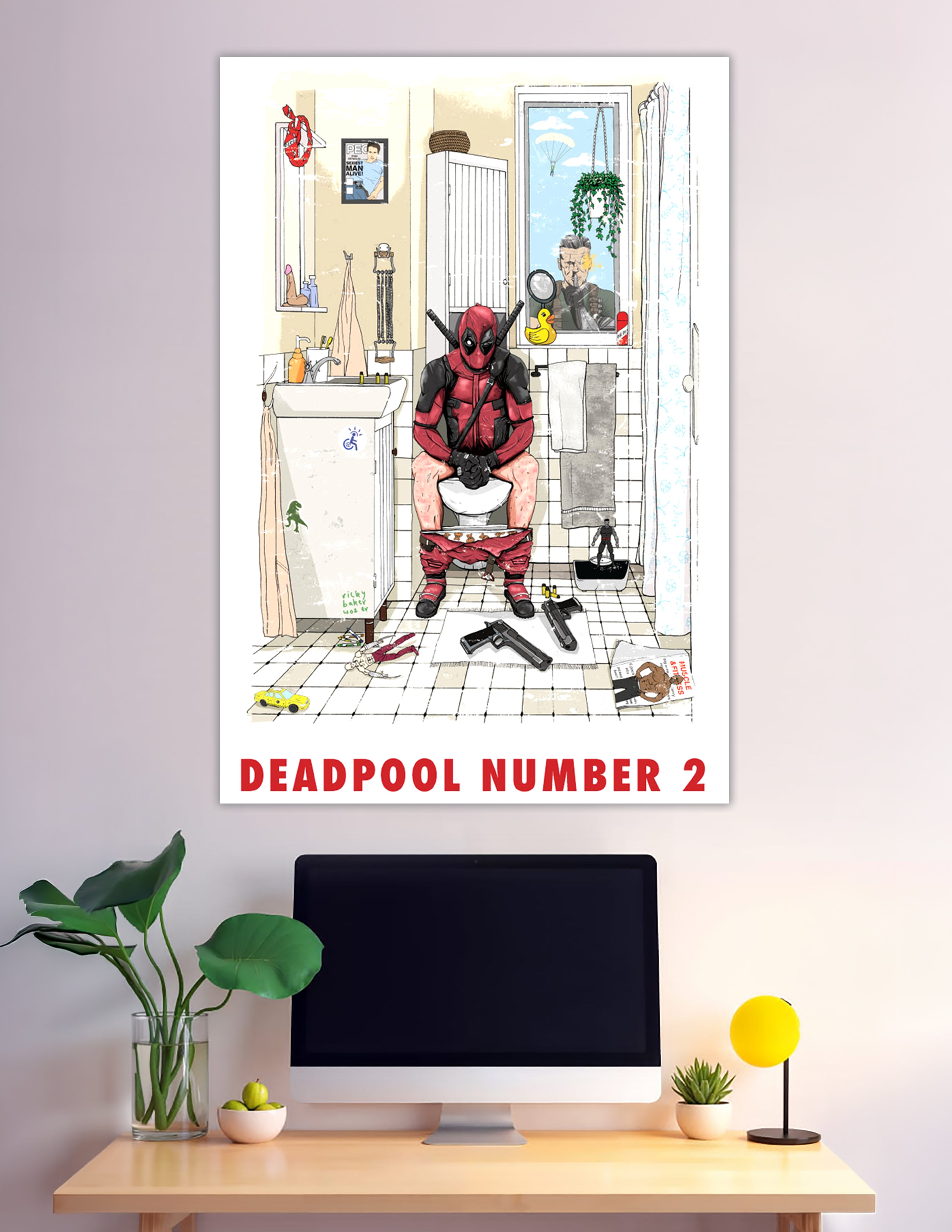 Deadpool sitting on toilet with guns and swords poster