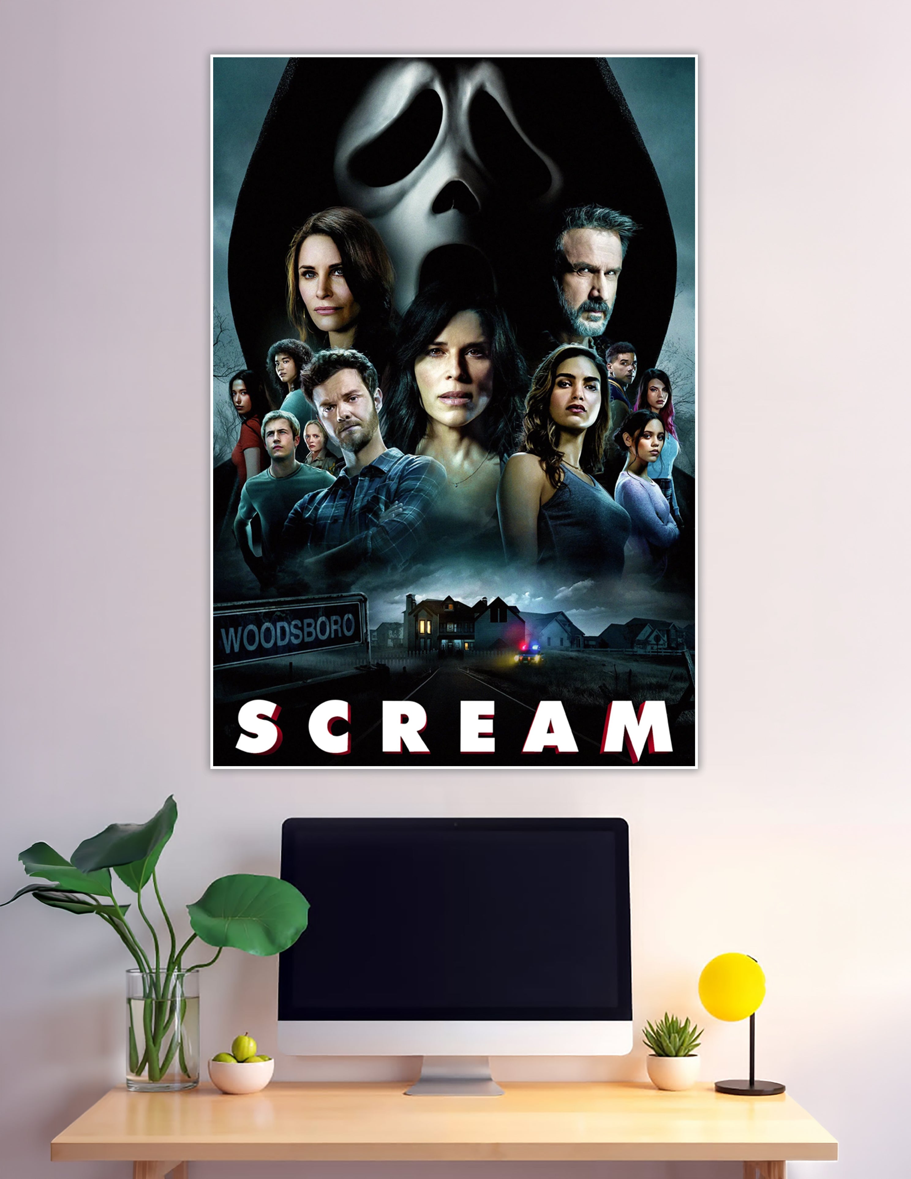 Scream 2022 movie poster with Ghostface and cast