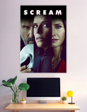 Scream movie poster with Ghostface mask and three characters