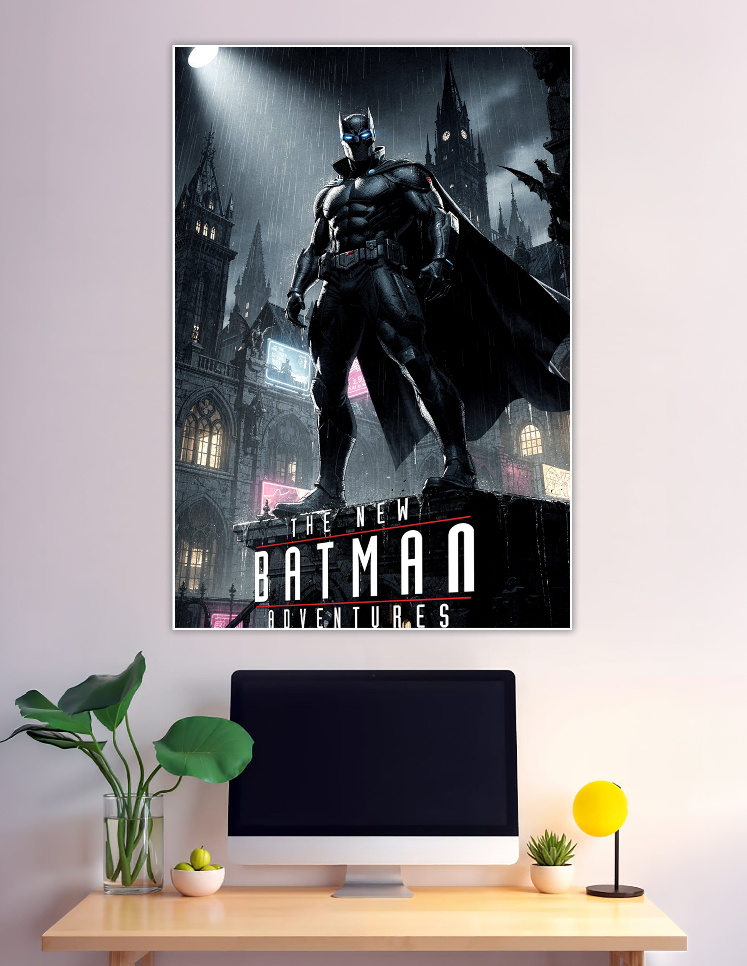 Batman standing over rainy gothic Gotham City night
