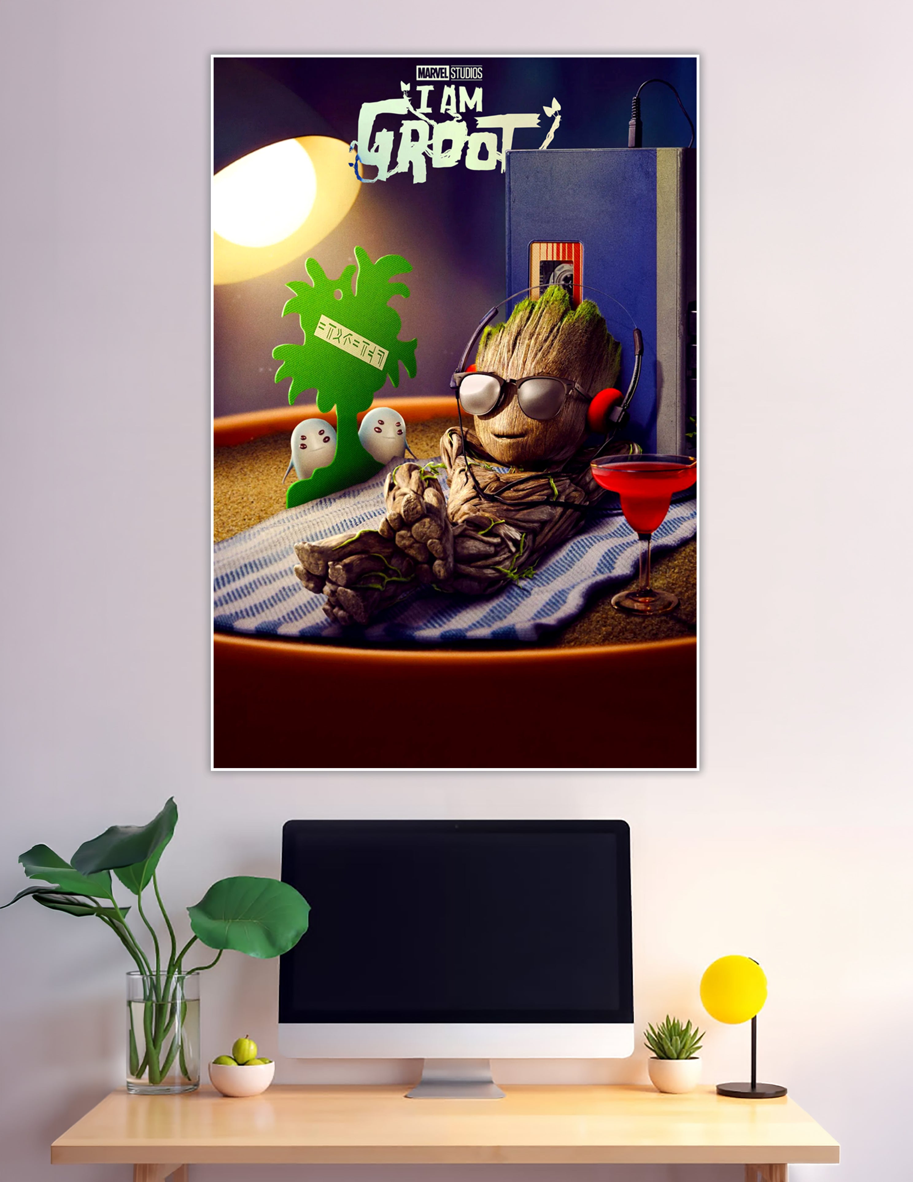 Baby Groot wearing sunglasses listening to music with cocktail